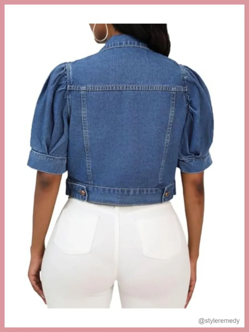 Cropped Denim Jacket Short Puff Sleeve Button Down Summer Lightweight